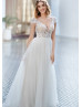 Cap Sleeves Ivory Embroidered Lace Tulle Modern Wedding Dress